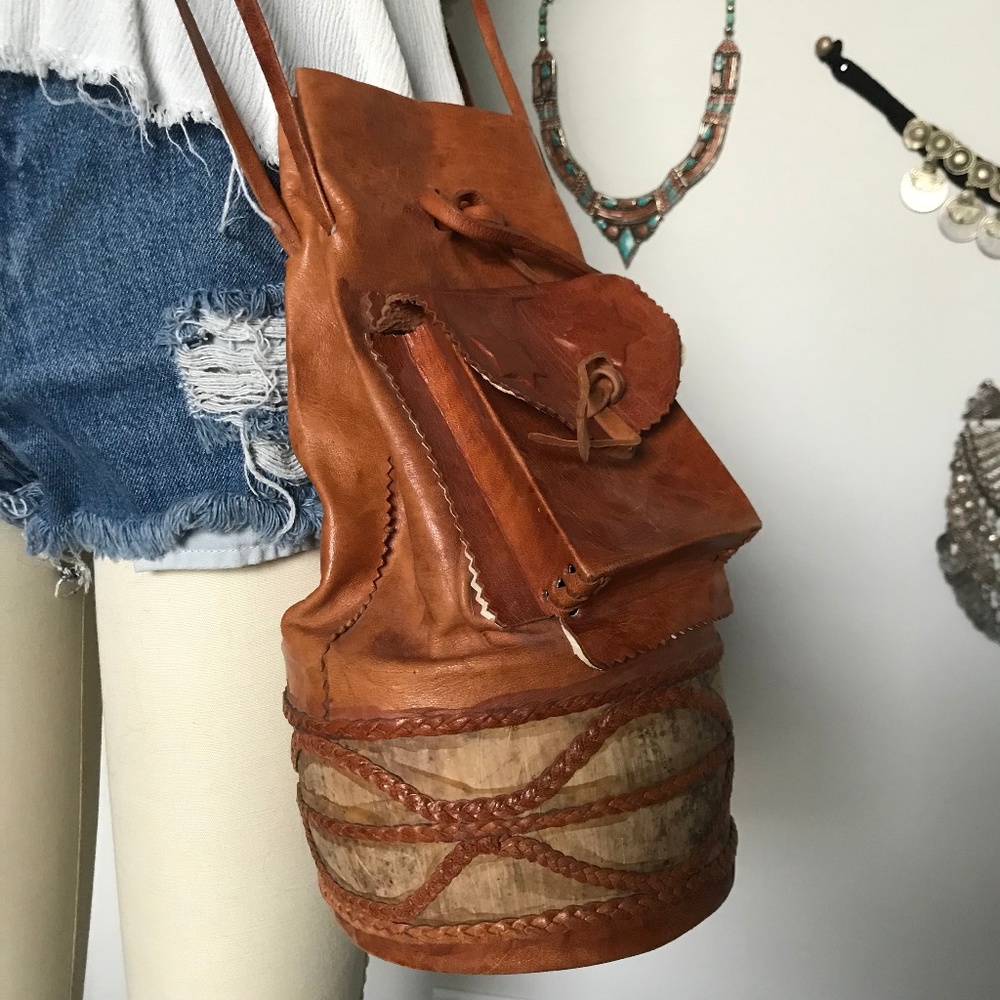 Vintage Unique Boho Leather Cork Bucket Bag